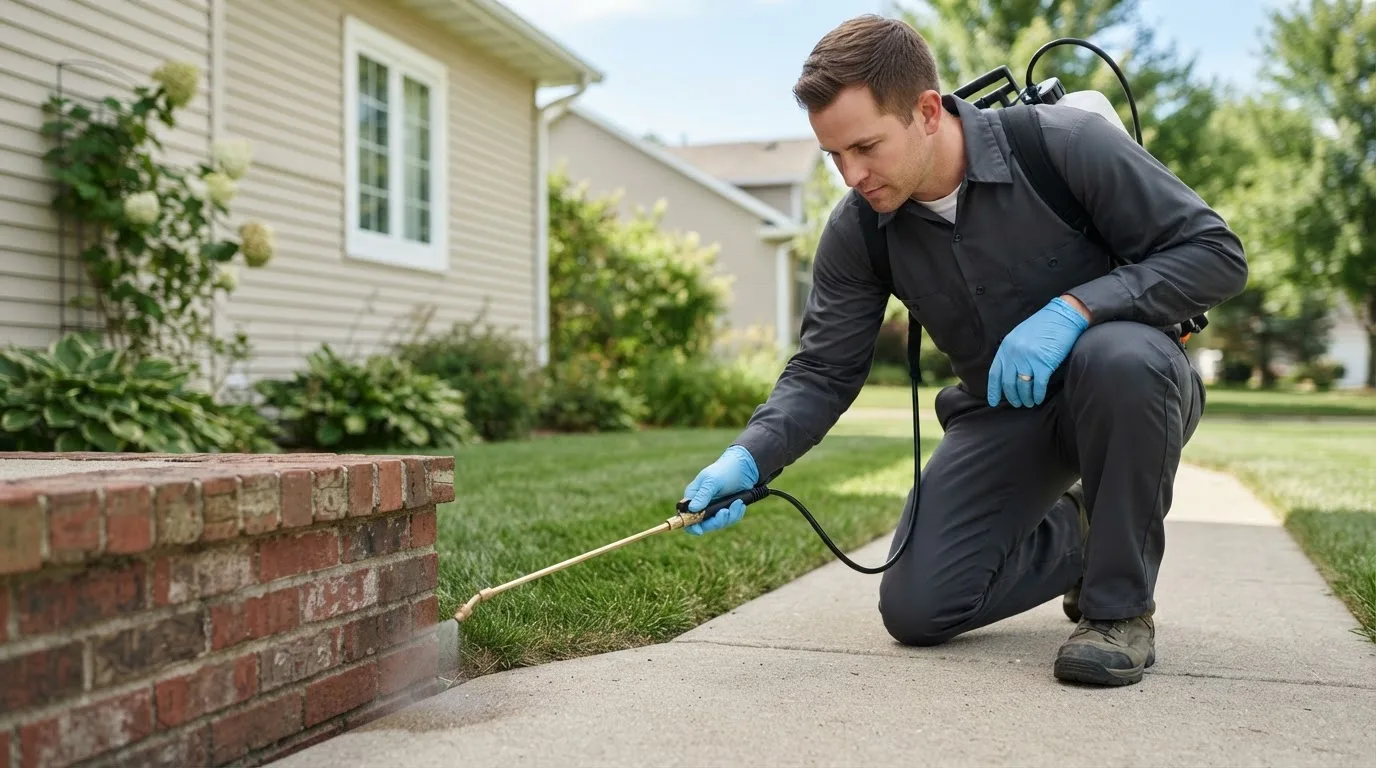 Pest control technician treating a home near Andrew, IA