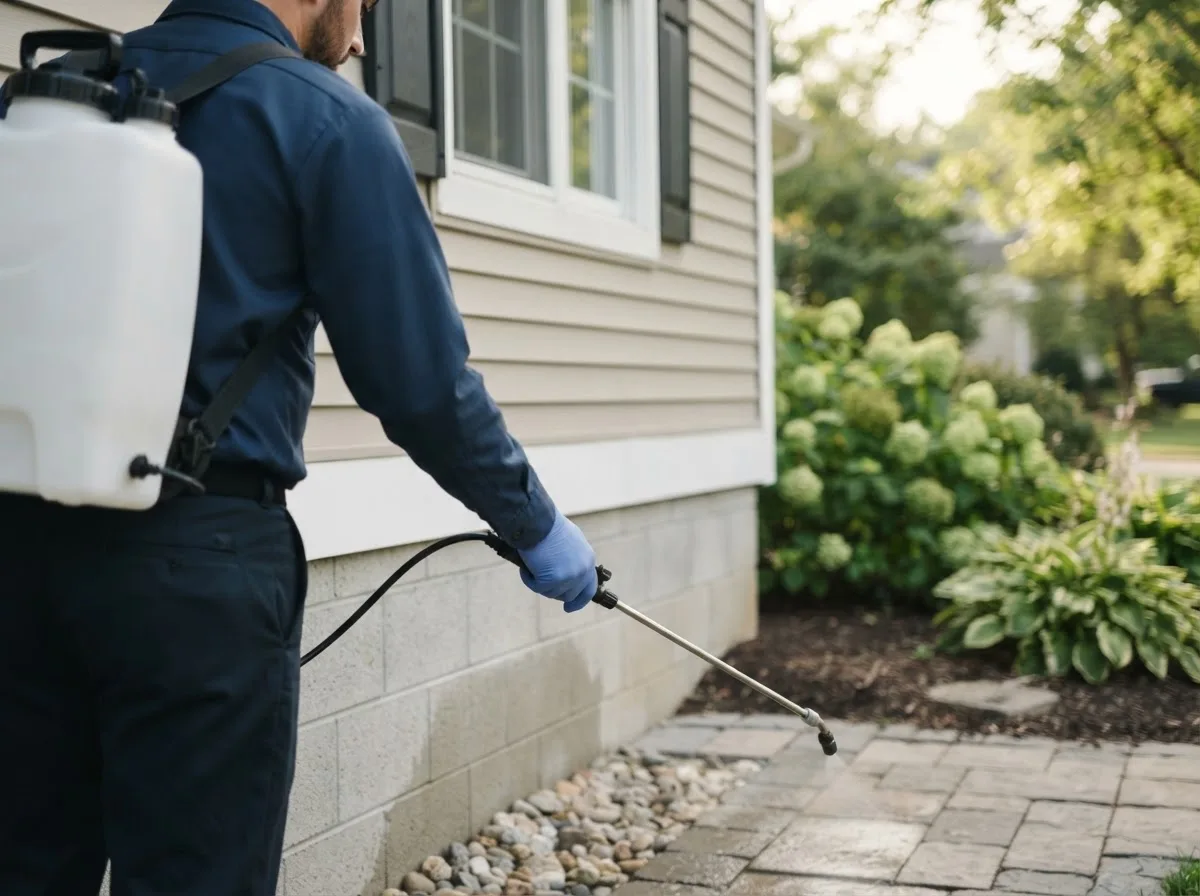 Pest control technician inspecting a home in Andrew, IA